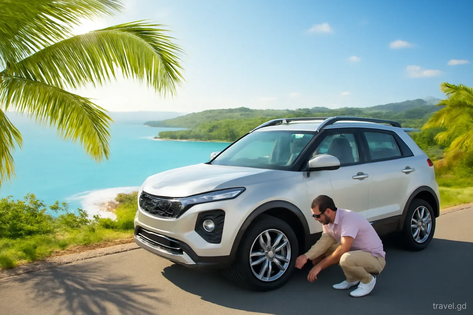 A small silver SUV parked on a hillside road above a curving bay in Grenada, a man checking the tyres before setting off, palm fronds, bright morning sun, three-quarter view
