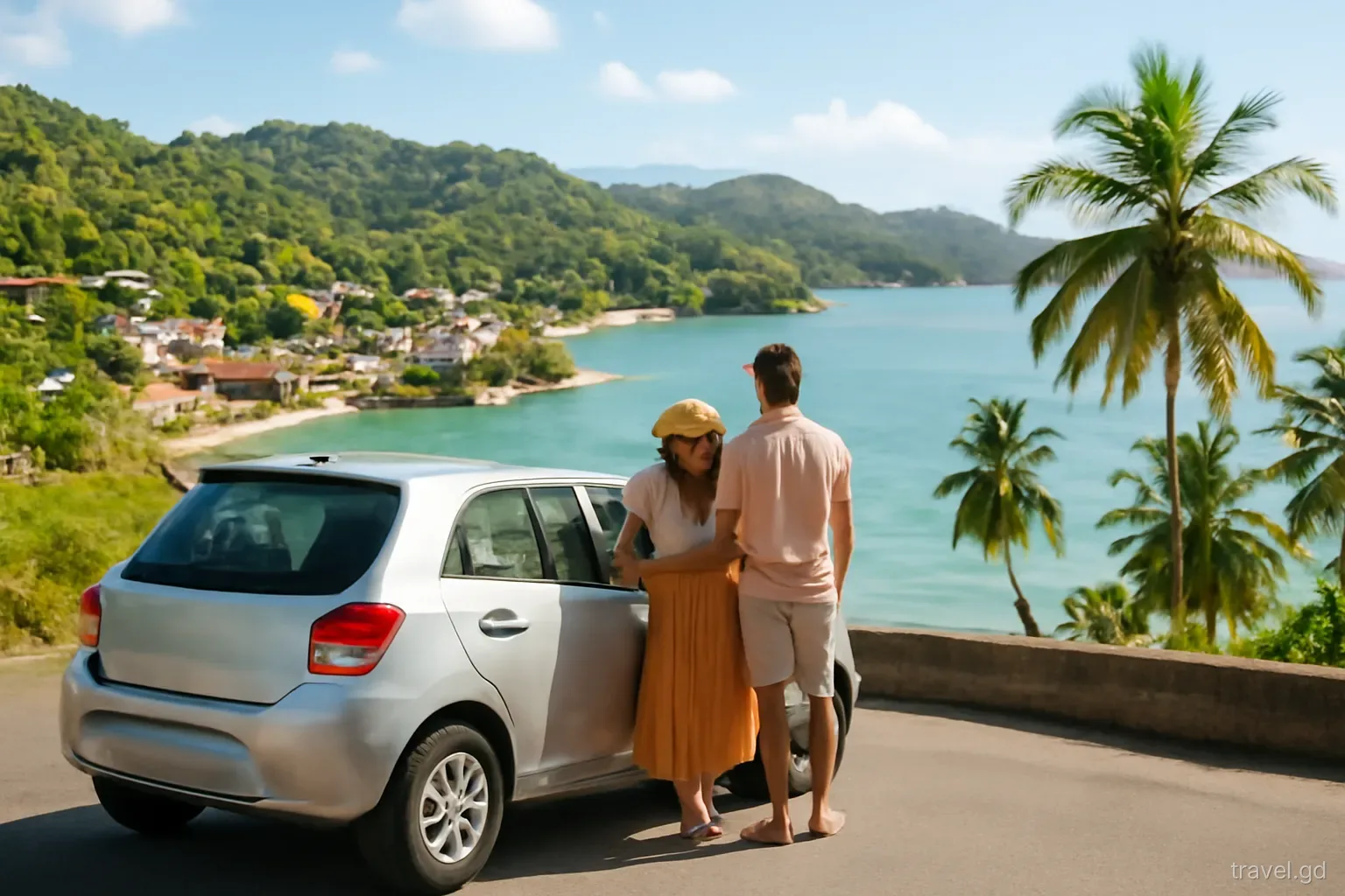 Small hire car parked on a quiet coastal road above a fishing village in St John, Grenada, couple looking at the bay, palm-fringed beach below, morning light, rear view