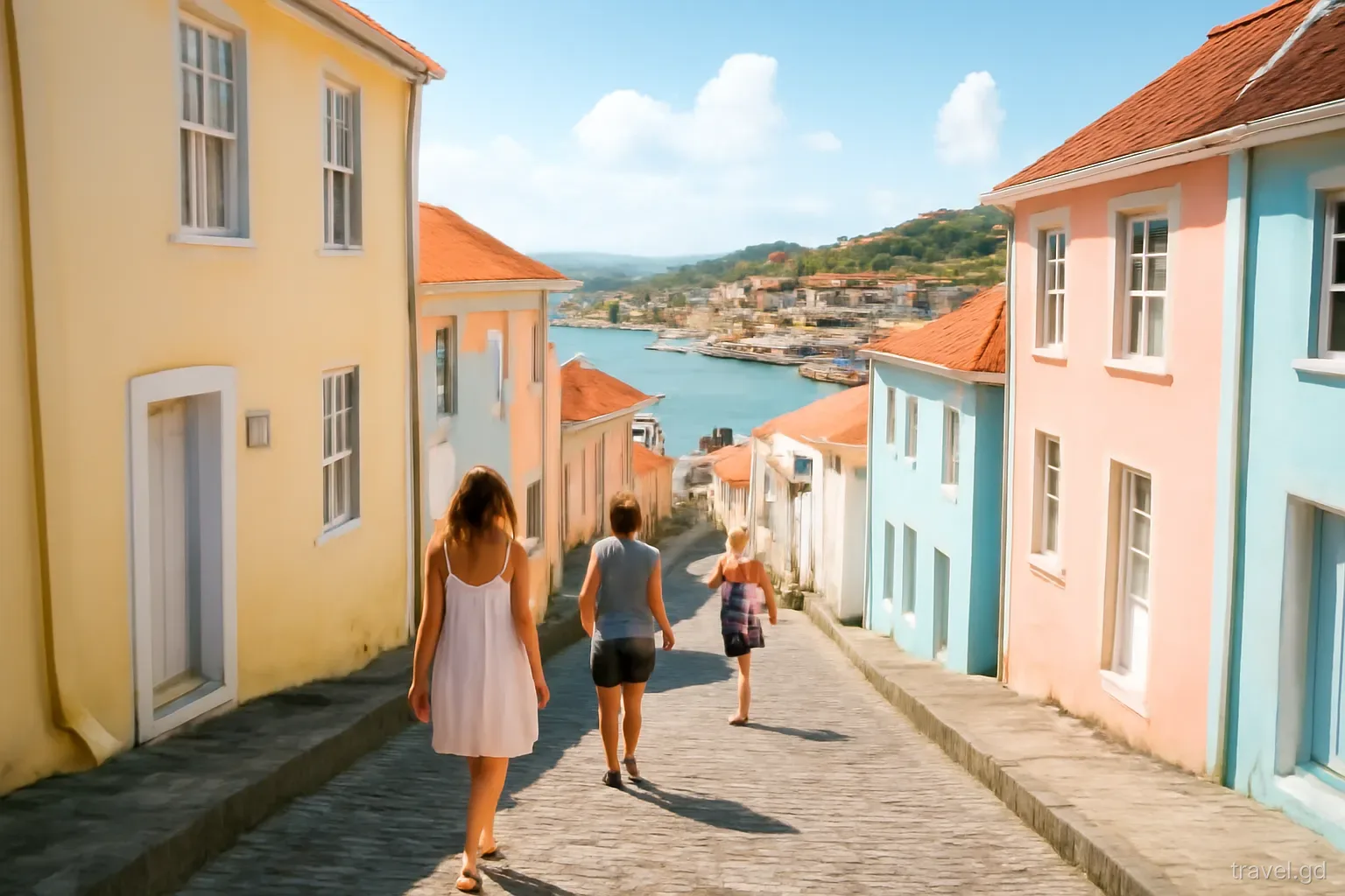Visitors climbing a steep stepped street lined with pastel houses and red roofs in St George's, Grenada, harbour visible below, view from above, bright late morning light