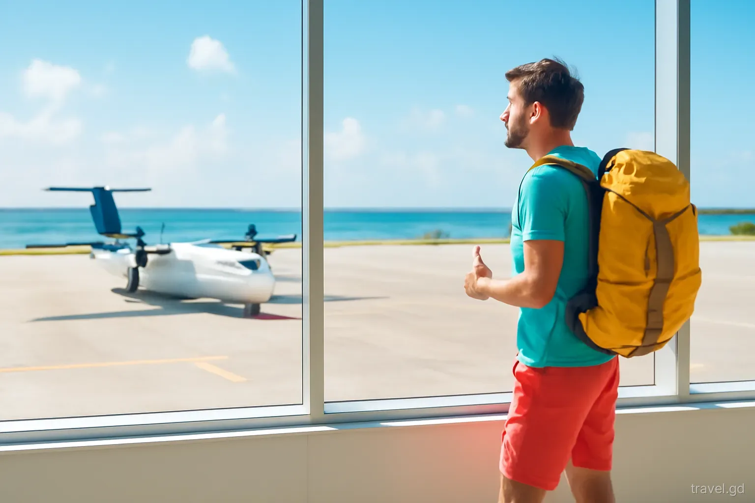 A traveller with a backpack waits beside a large window at a Caribbean airport gate, watching a small turboprop plane taxi on the apron, bright midday light, side view