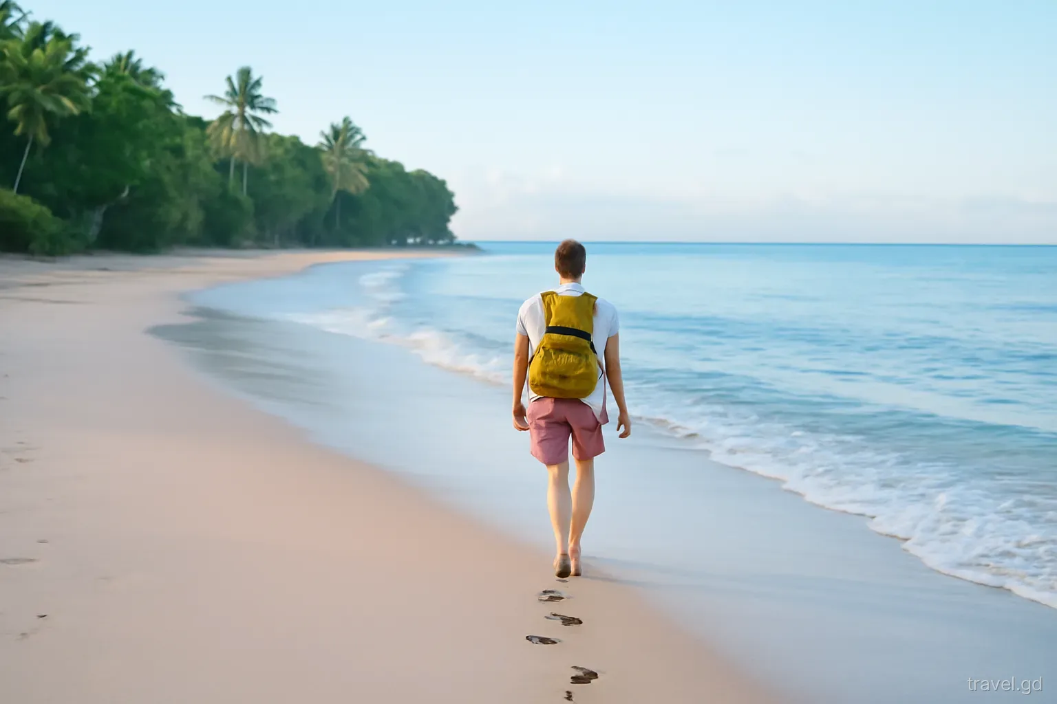 Lone traveller with a small backpack walking along the curve of Grand Anse beach at early morning, footprints in wet sand, wide shot from behind, soft blue light