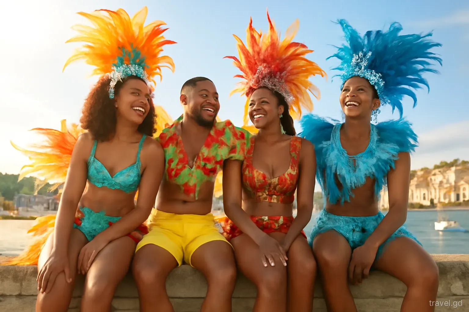 Group of friends in bright feathered carnival costumes resting on a harbourside wall in St George's after the parade, laughing, low angle, late afternoon sun