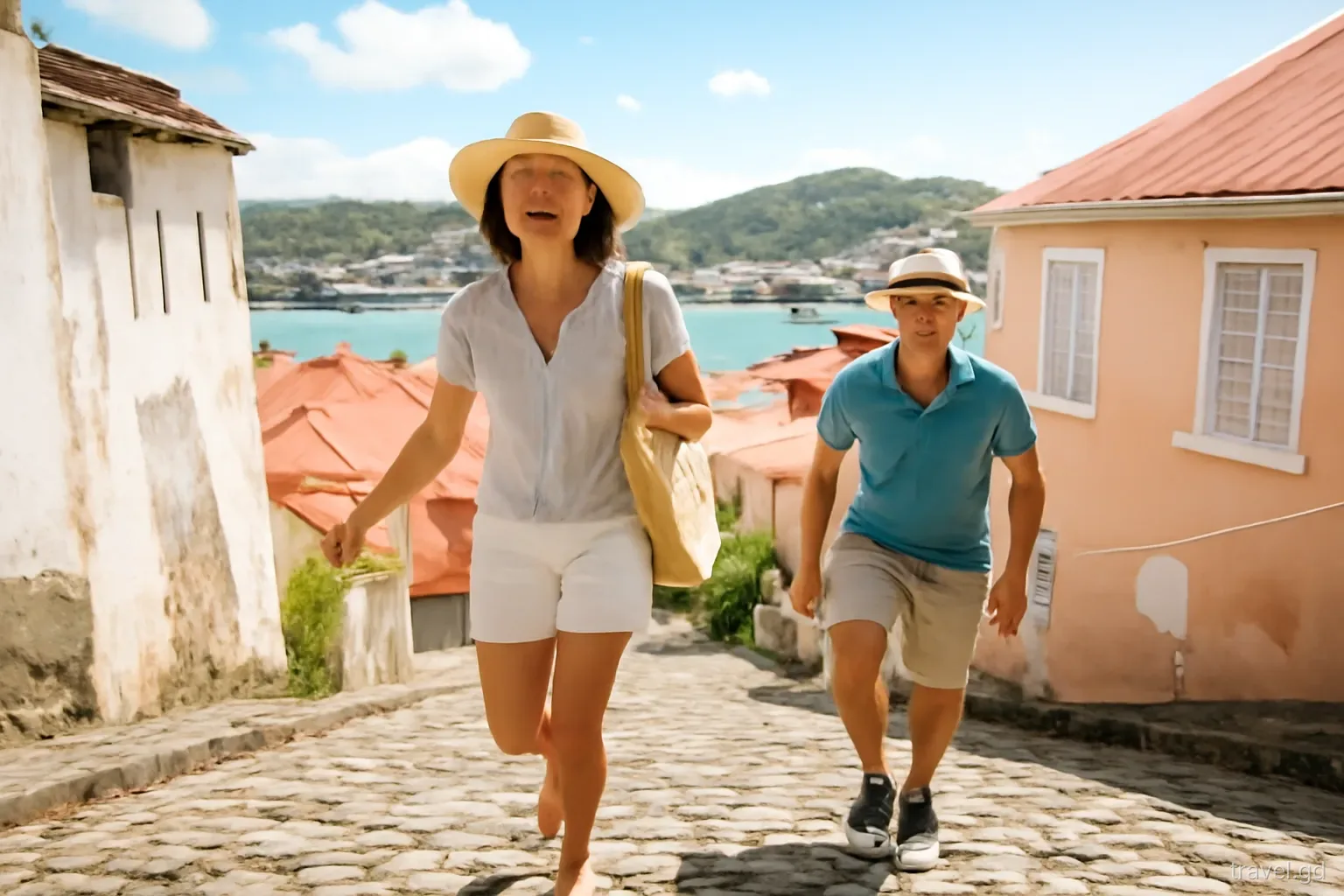 Two cruise passengers in sun hats climbing a steep cobbled lane above the Carenage in St George's, Grenada, red tin roofs below, morning light, low angle