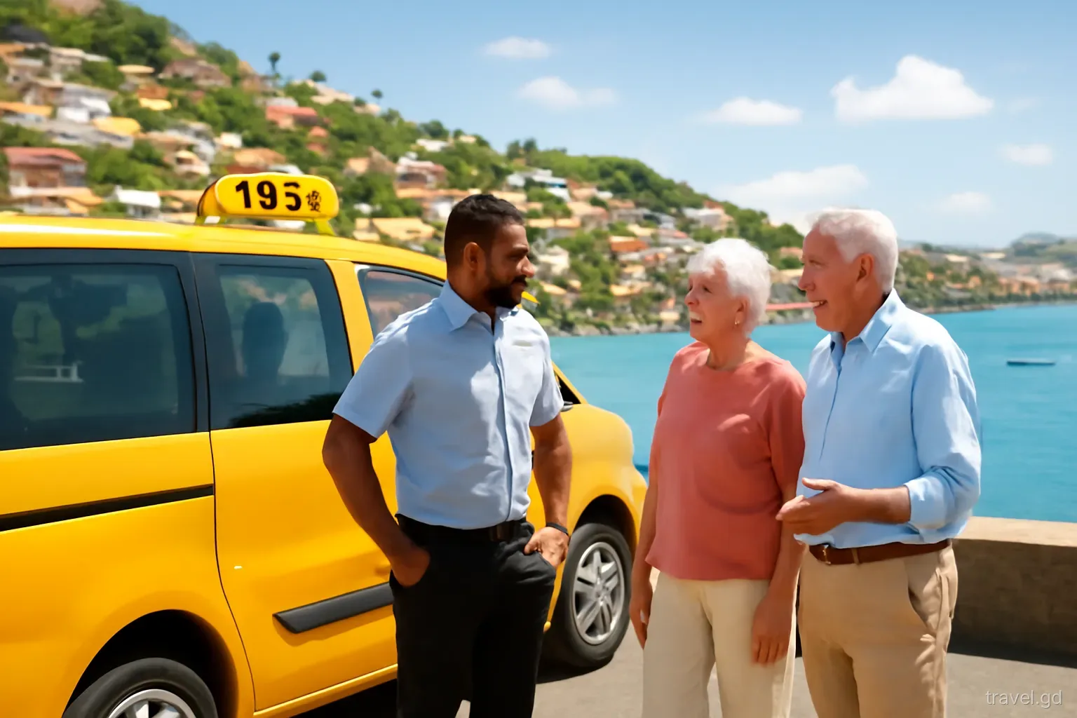 A friendly taxi driver stands beside his minivan at a scenic lookout above St George's harbour, chatting with an older couple, colourful hillside houses behind, clear afternoon light