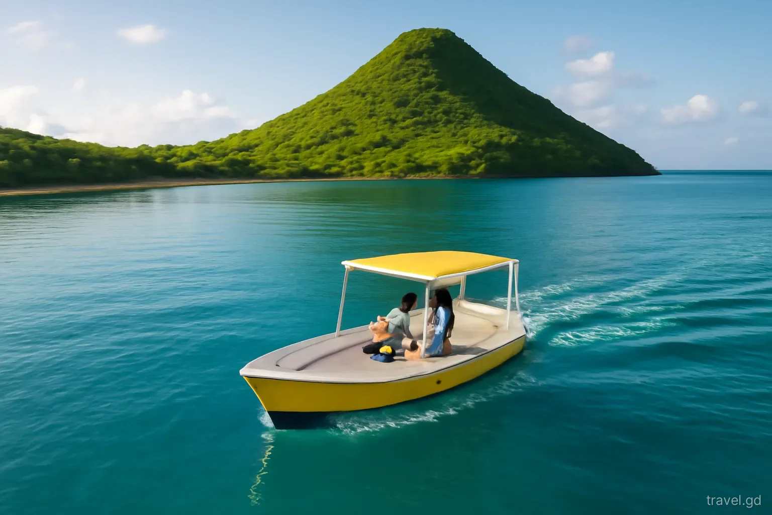 Small open water taxi crossing a calm channel towards the steep green cone of Petite Martinique, two travellers seated in the bow, aerial view, late afternoon light