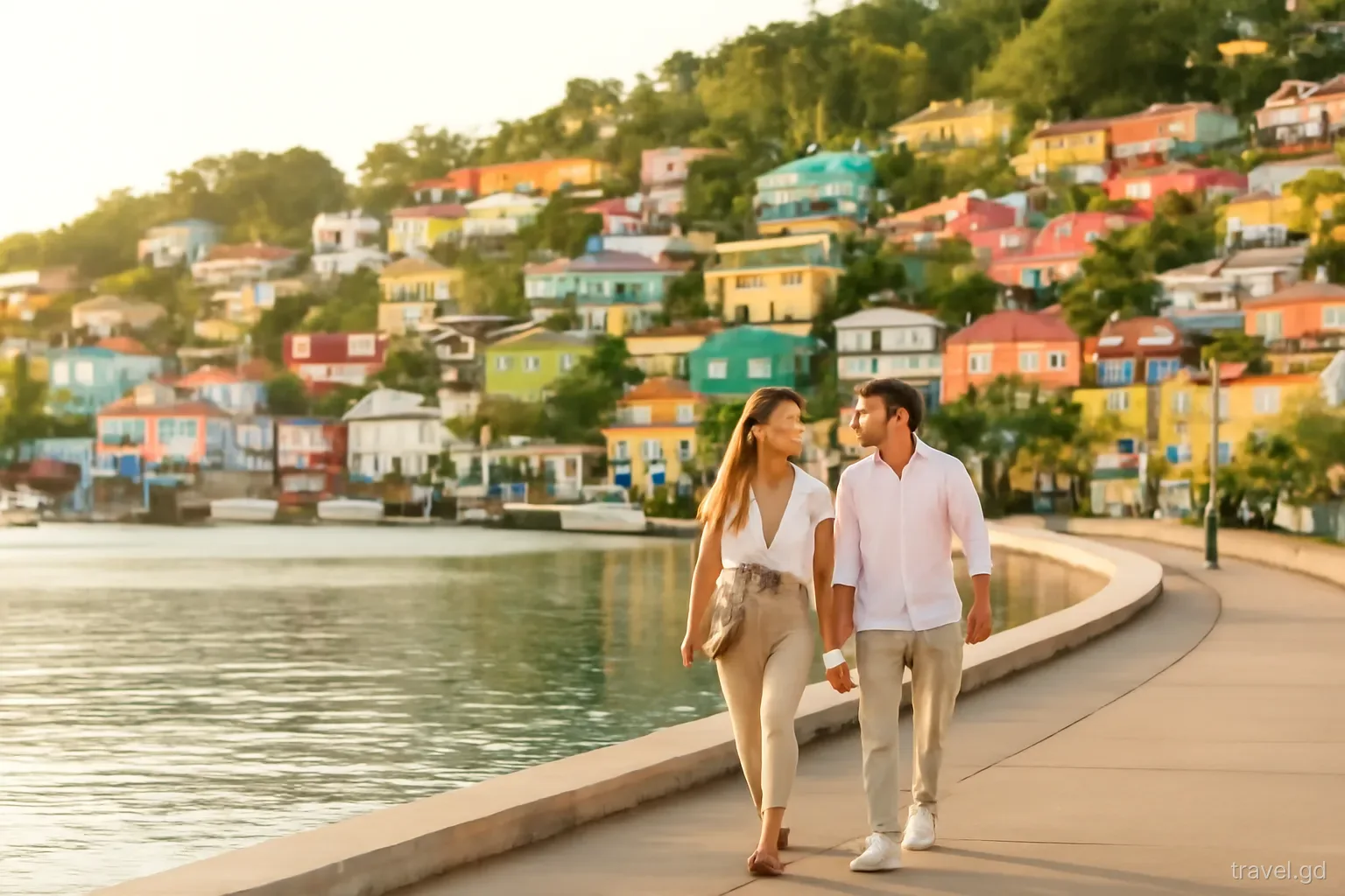 Couple walking along the curved harbourfront of the Carenage in St George's at golden hour, colourful hillside houses behind, wide shot from across the water