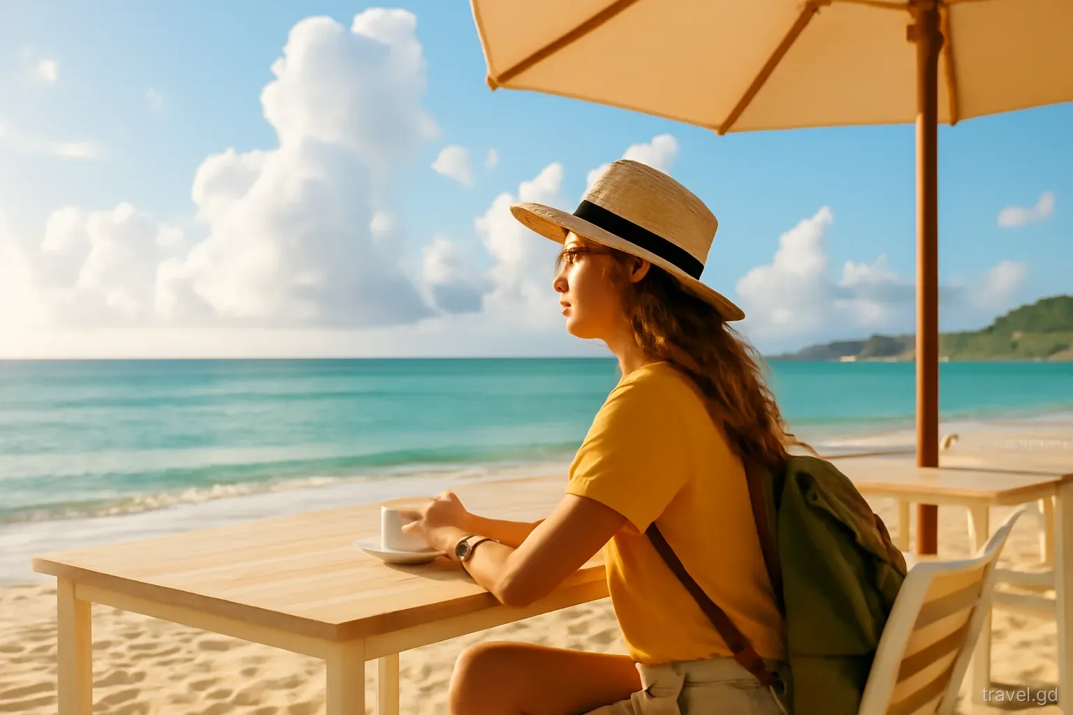 Traveller at a quiet beach bar table in the late afternoon looking out at towering white clouds over the sea off Morne Rouge, side view, warm humid light