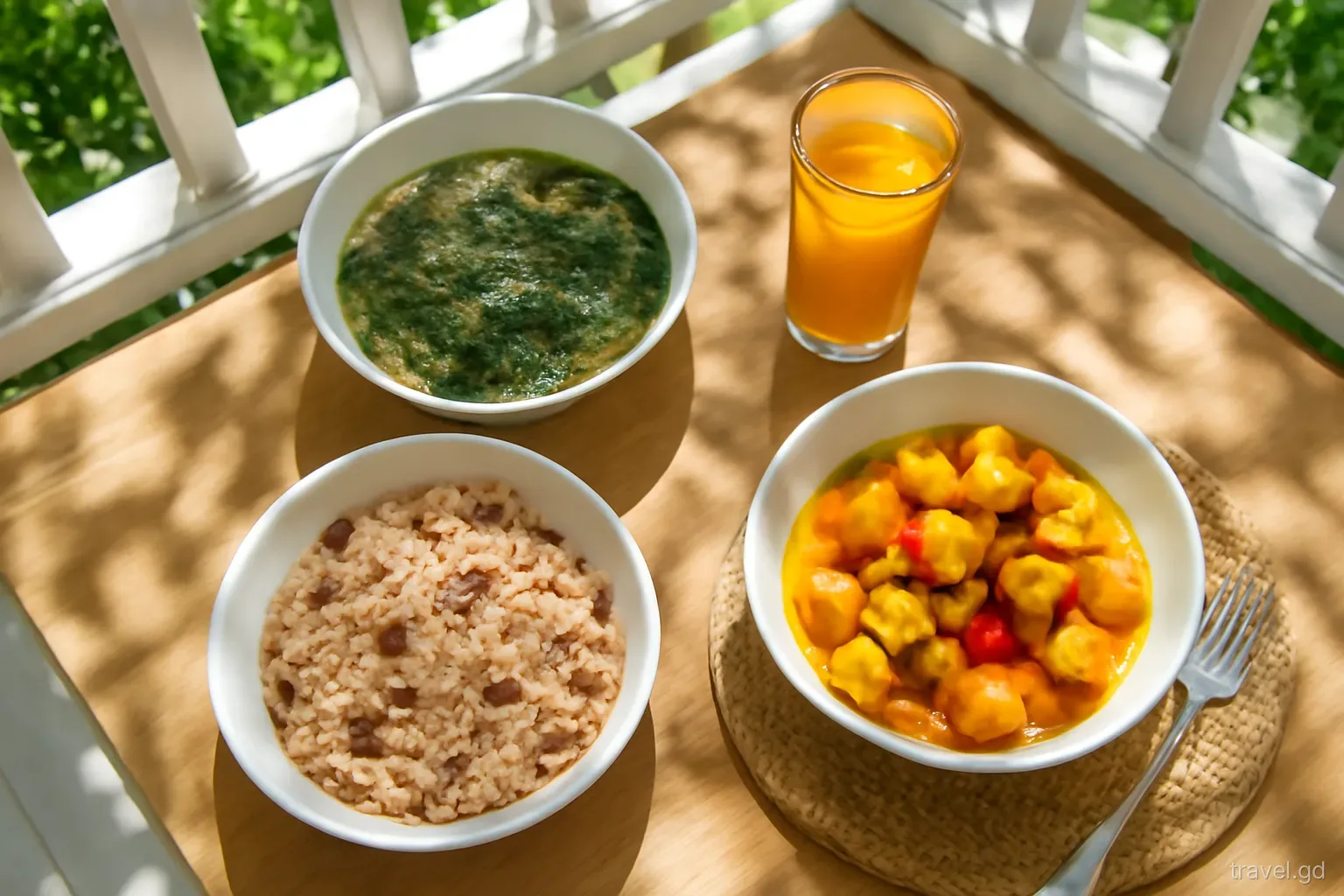 Overhead view of a wooden table on a breezy veranda in St David, Grenada, bowls of callaloo soup, curried conch, rice and peas, fresh juice, dappled afternoon light