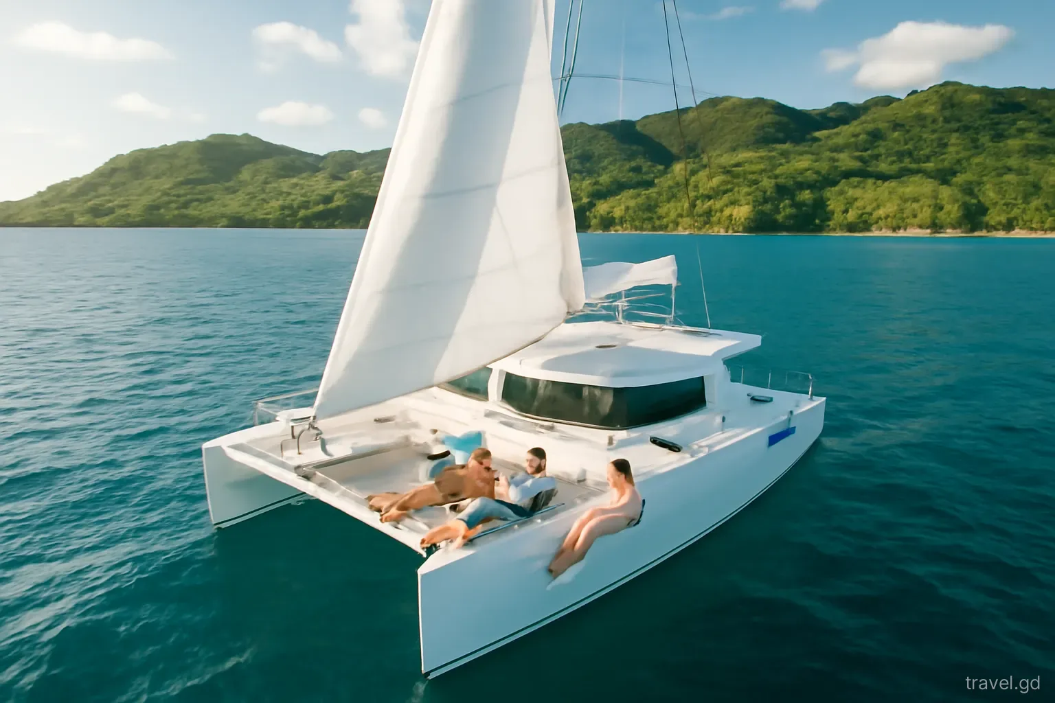 Catamaran under full sail off the west coast of Grenada, guests relaxing on the trampoline netting, green hills behind, aerial three-quarter view, late afternoon sun