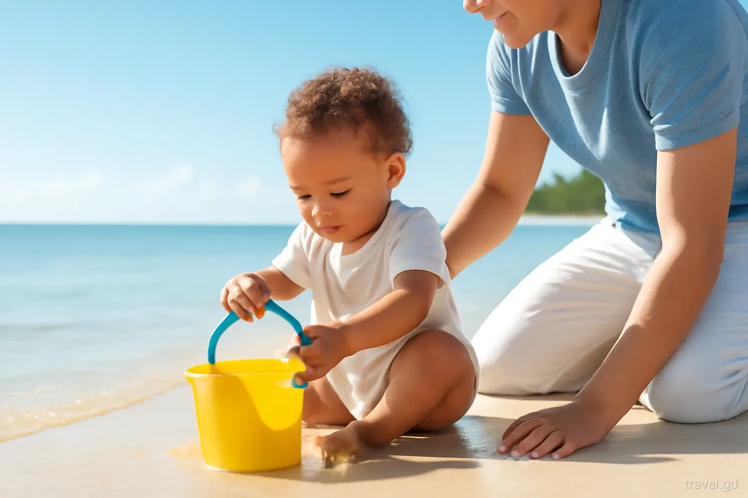 Toddler with a bucket playing at the edge of calm clear water at Morne Rouge beach while a parent kneels beside, low angle at sand level, gentle morning sunshine