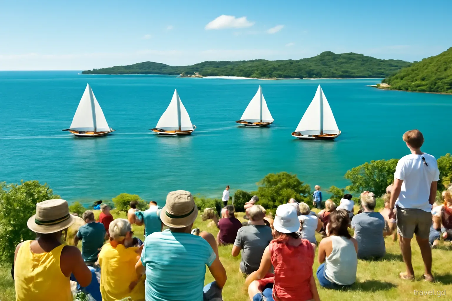 Crowd on a hillside watching wooden sloops with white sails race across a sunny bay off Hillsborough, Carriacou, elevated wide shot, crisp morning light